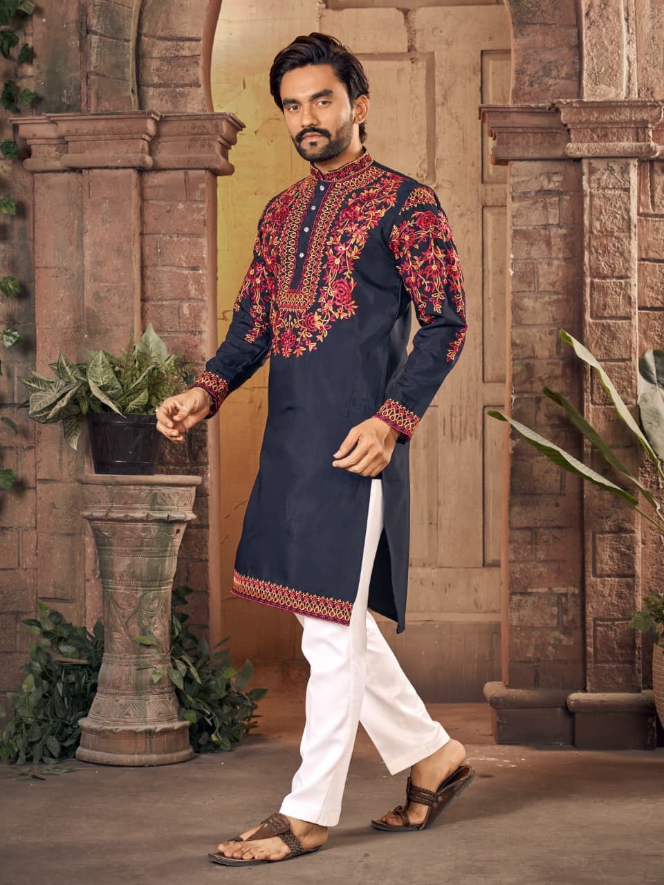 Virasat Men Blue Kurta set with Floral Embroidery