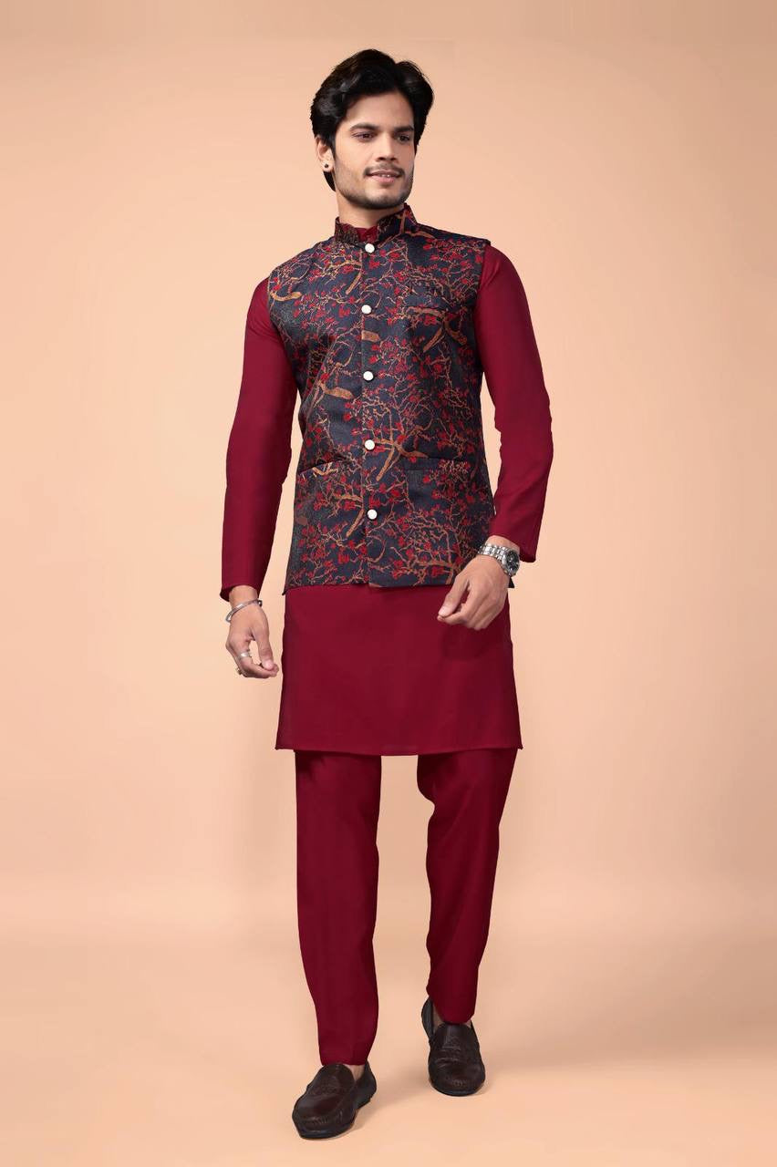 Maroon Kurta Set with Floral Nehru Jacket
