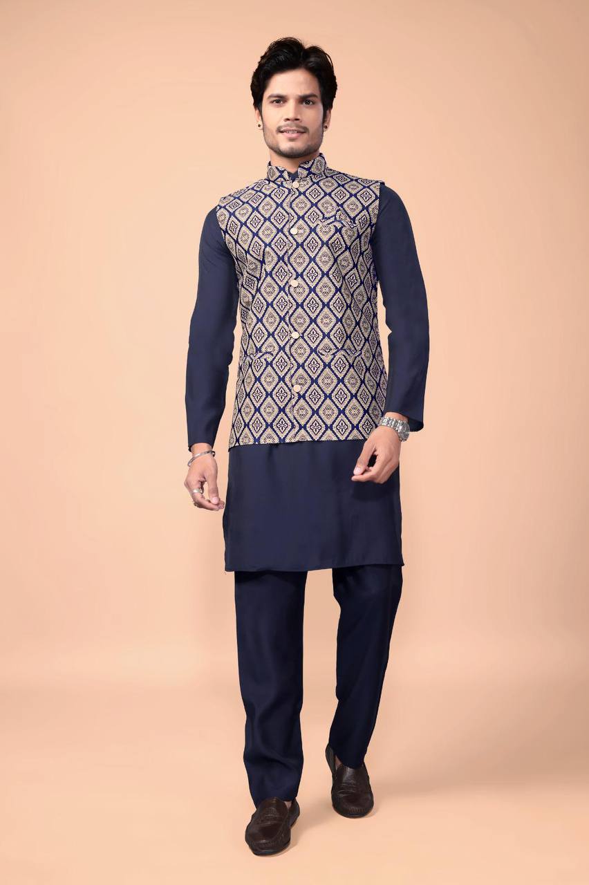 Navy Blue Nehru Jacket with Kurta Set