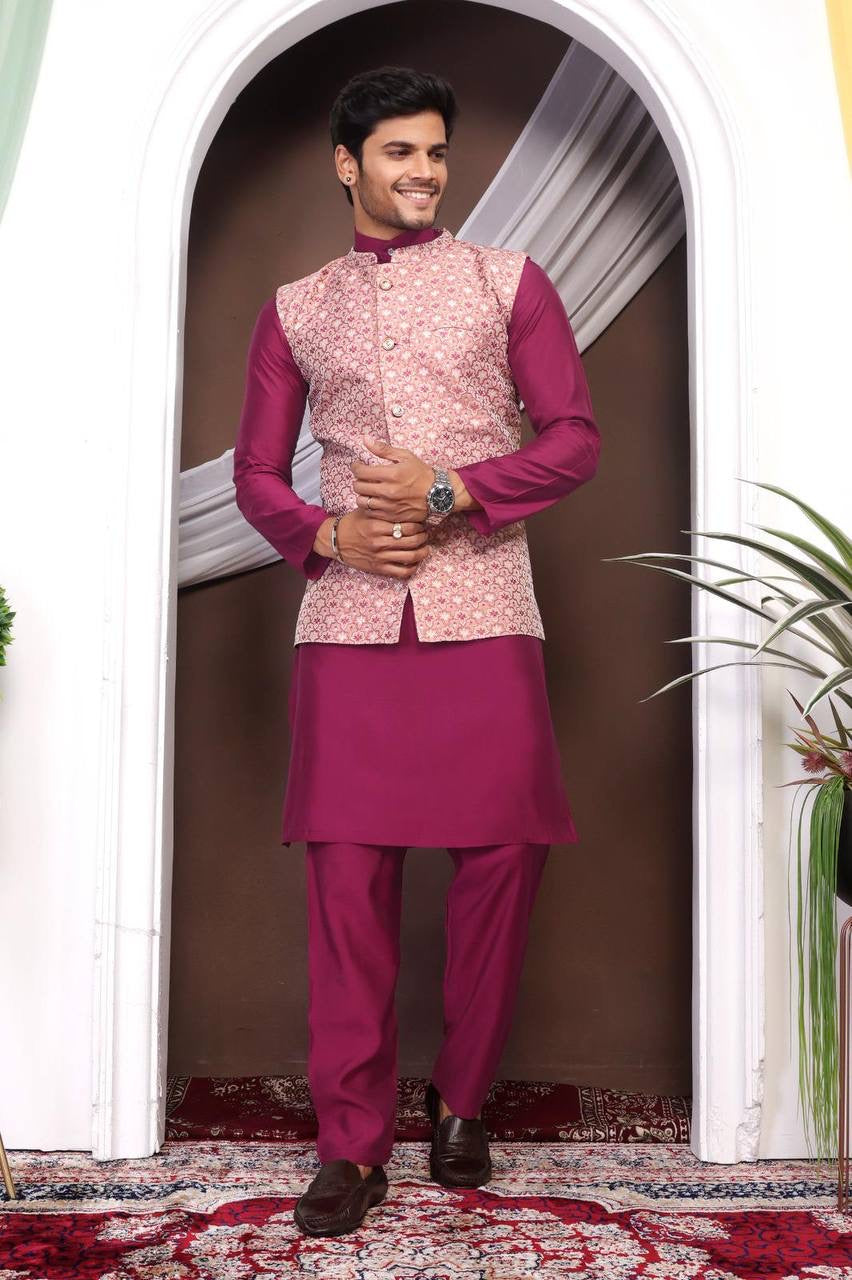 Kurta Set with Pink Brocade Nehru Jacket