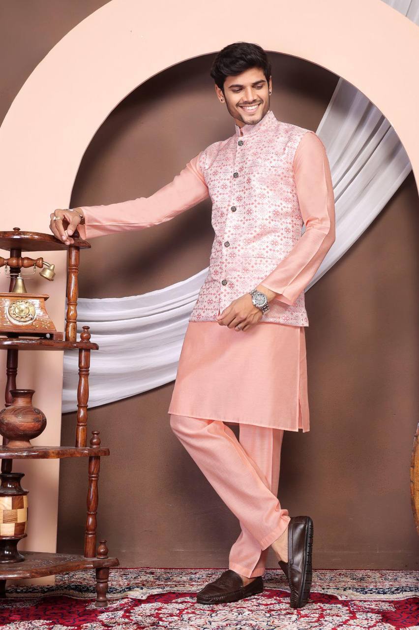 Peach Kurta Pants Set with Nehru Jacket