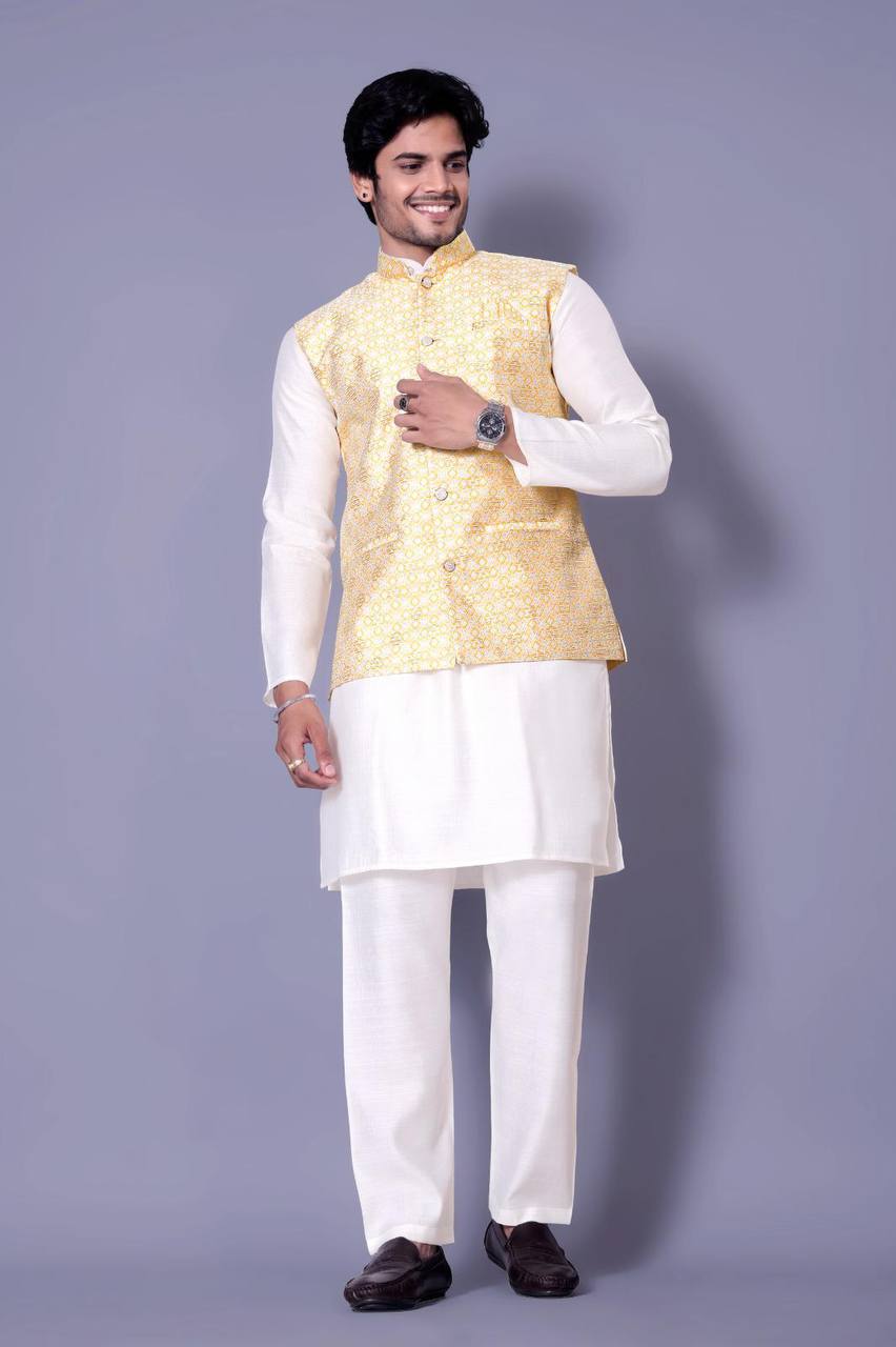 Kurta Set with Yellow Nehru Jacket