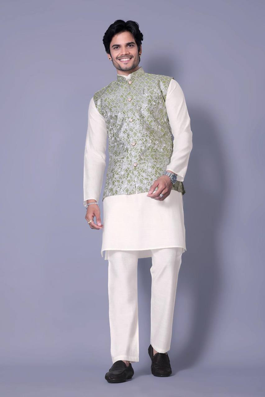 Off-White Kurta Set with Olive Green Nehru Jacket