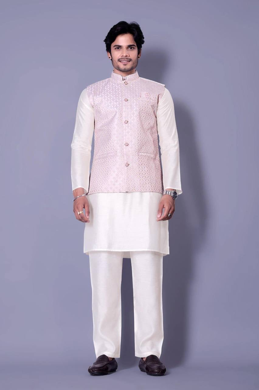 Cream Kurta Set with Pastel Pink Nehru Jacket