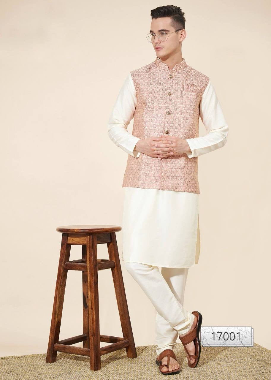 Off-White Kurta with Light Peach Brocade Nehru Jacket