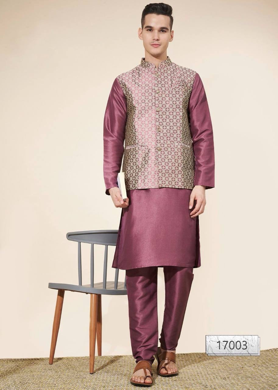 Wine Kurta with Pink-Gold Pattern Nehru Jacket