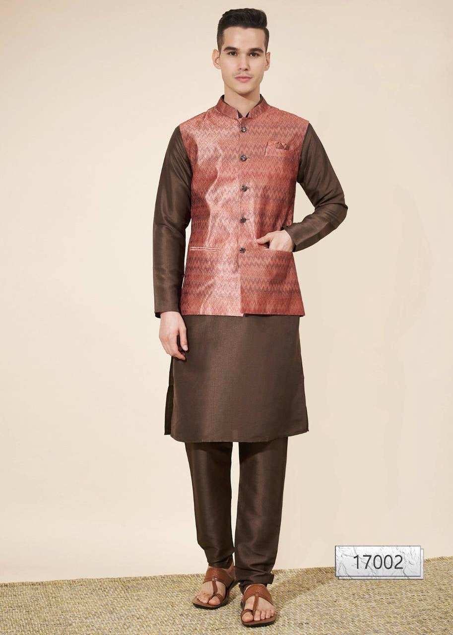 Brown Kurta set with Rust Jacquard Nehru Jacket