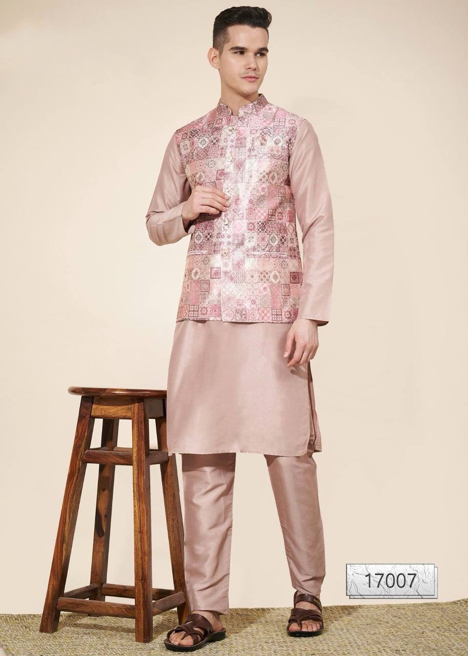 Dusty Rose Kurta set with Mosaic Print Nehru Jacket