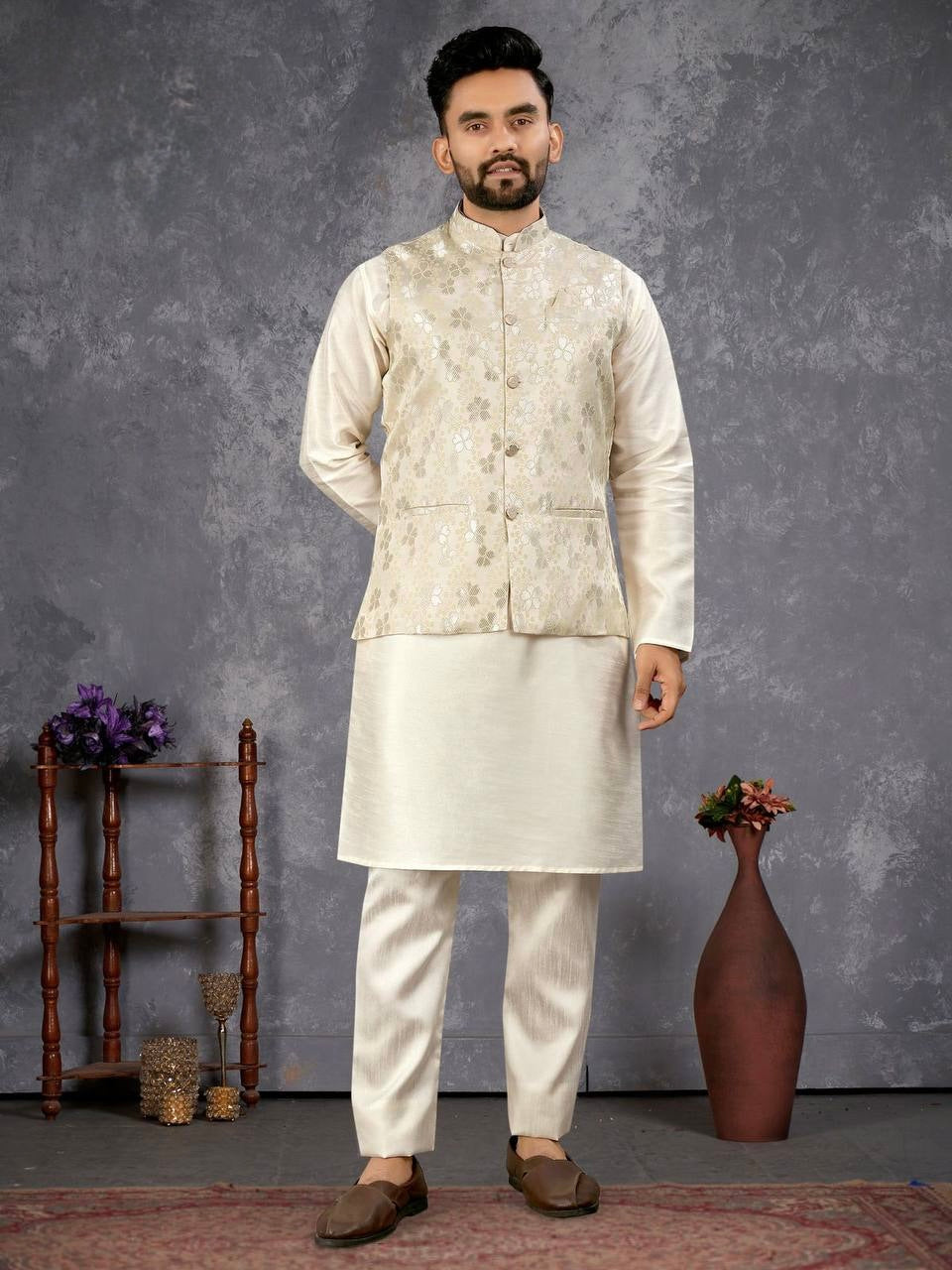 Men's Cream Kurta Set with Floral Nehru Jacket