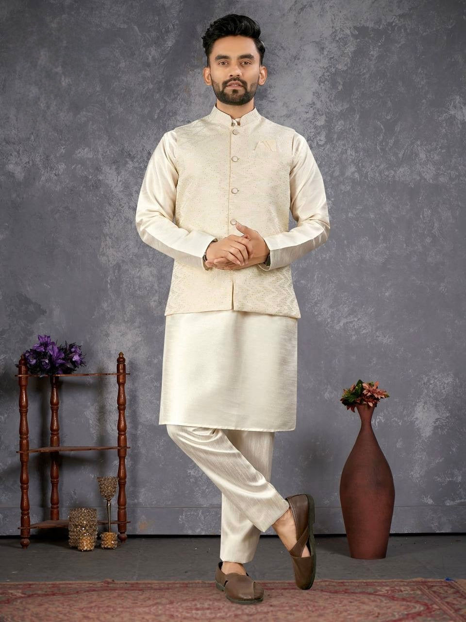 Men's Cream Kurta Set with Subtle Jacquard Nehru Jacket