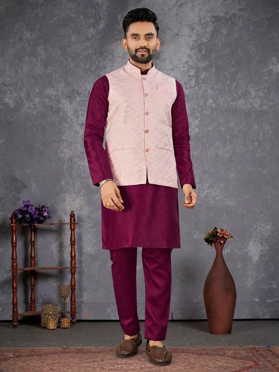 Men's Purple Kurta Set with Pink Nehru Jacket