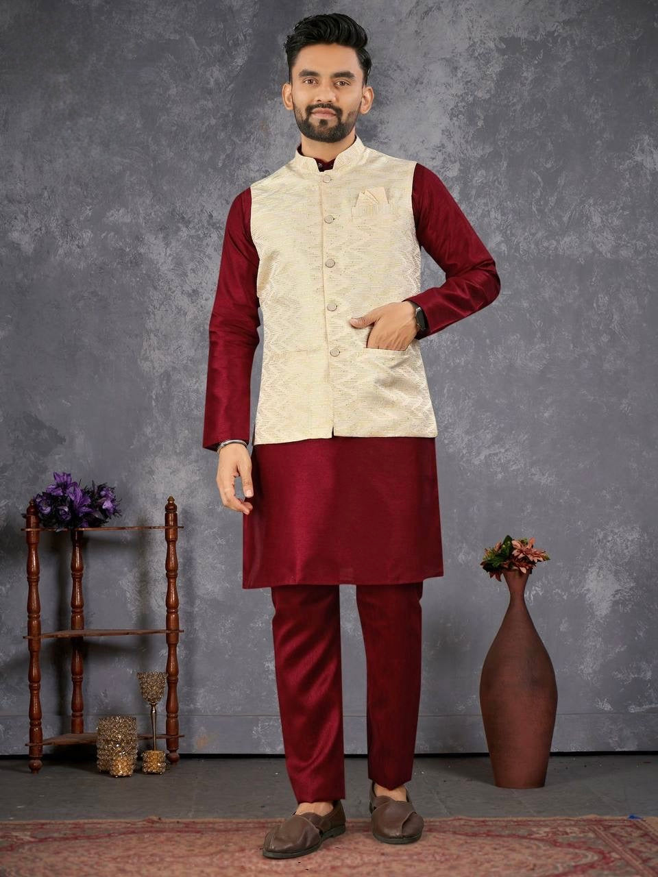 Men's Maroon Kurta Set with Ivory Textured Nehru Jacket