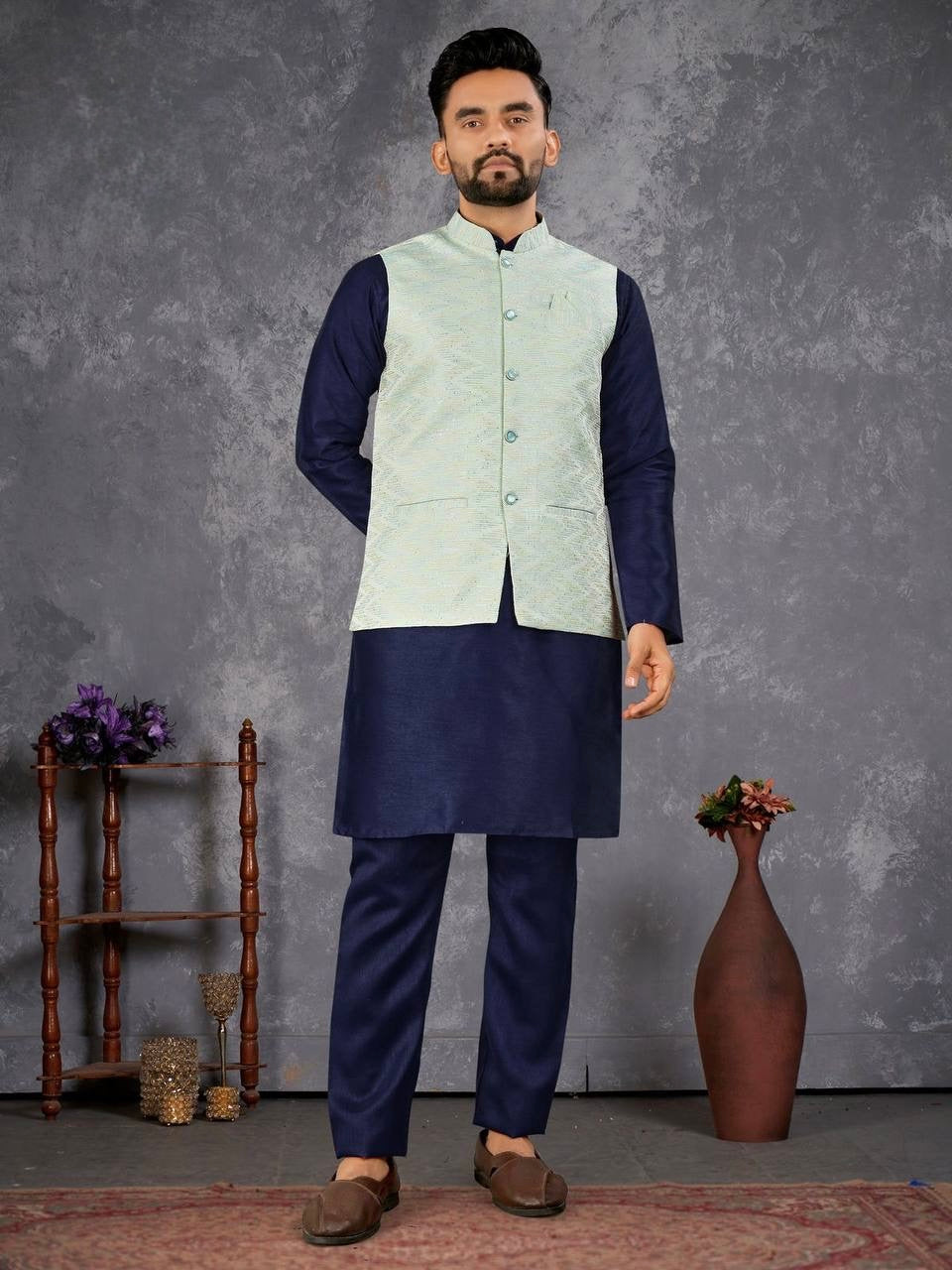 Men's Blue Kurta Set with Embroidered Jacket
