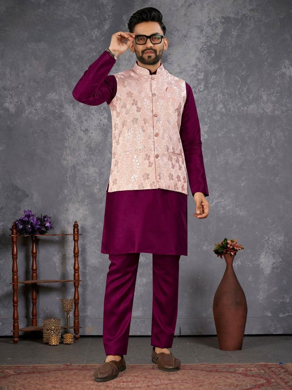 Men's Purple Kurta Set with Peach Embroidered Jacket