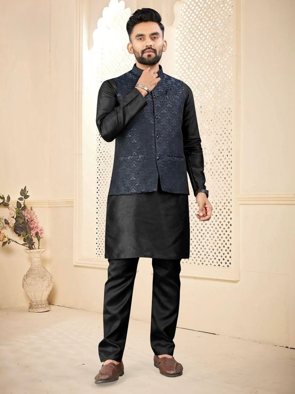 Men's Black Kurta Set with Embroidered Jacket