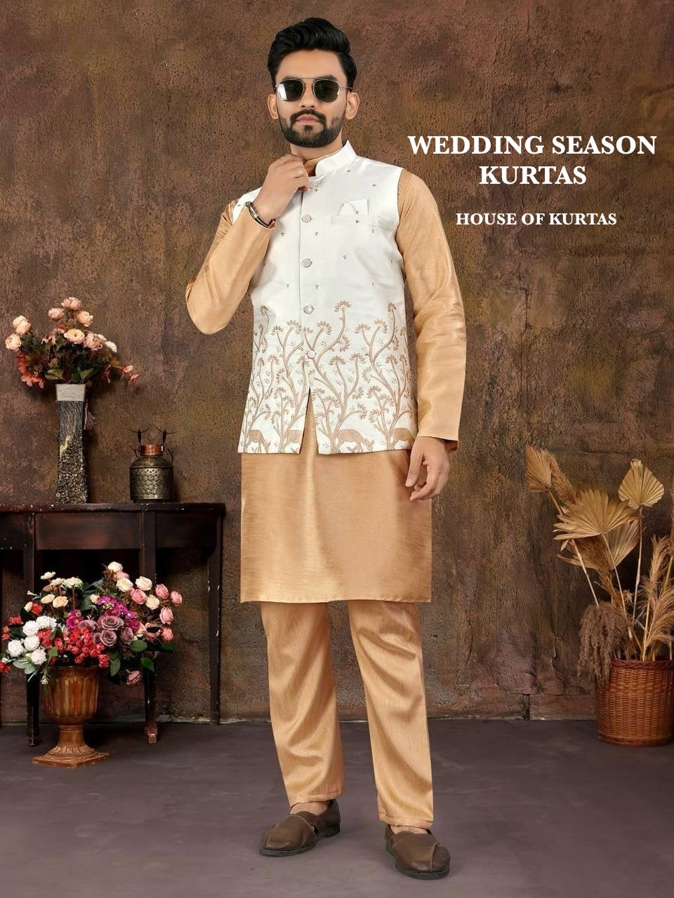 Men Embroidered Nehru Jacket Kurta Set