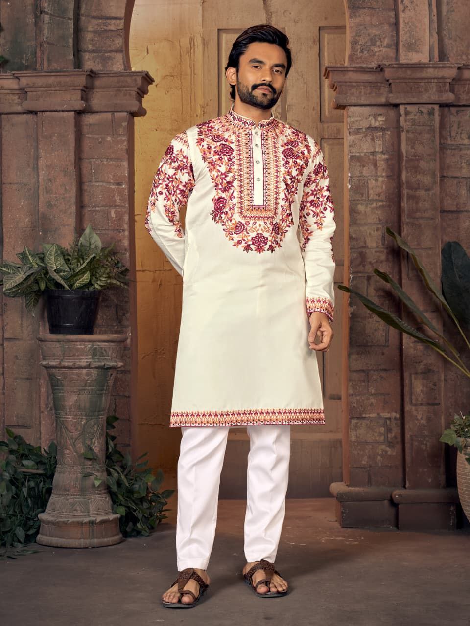 Men's Viscose Silk Kurta Set with Embroidery