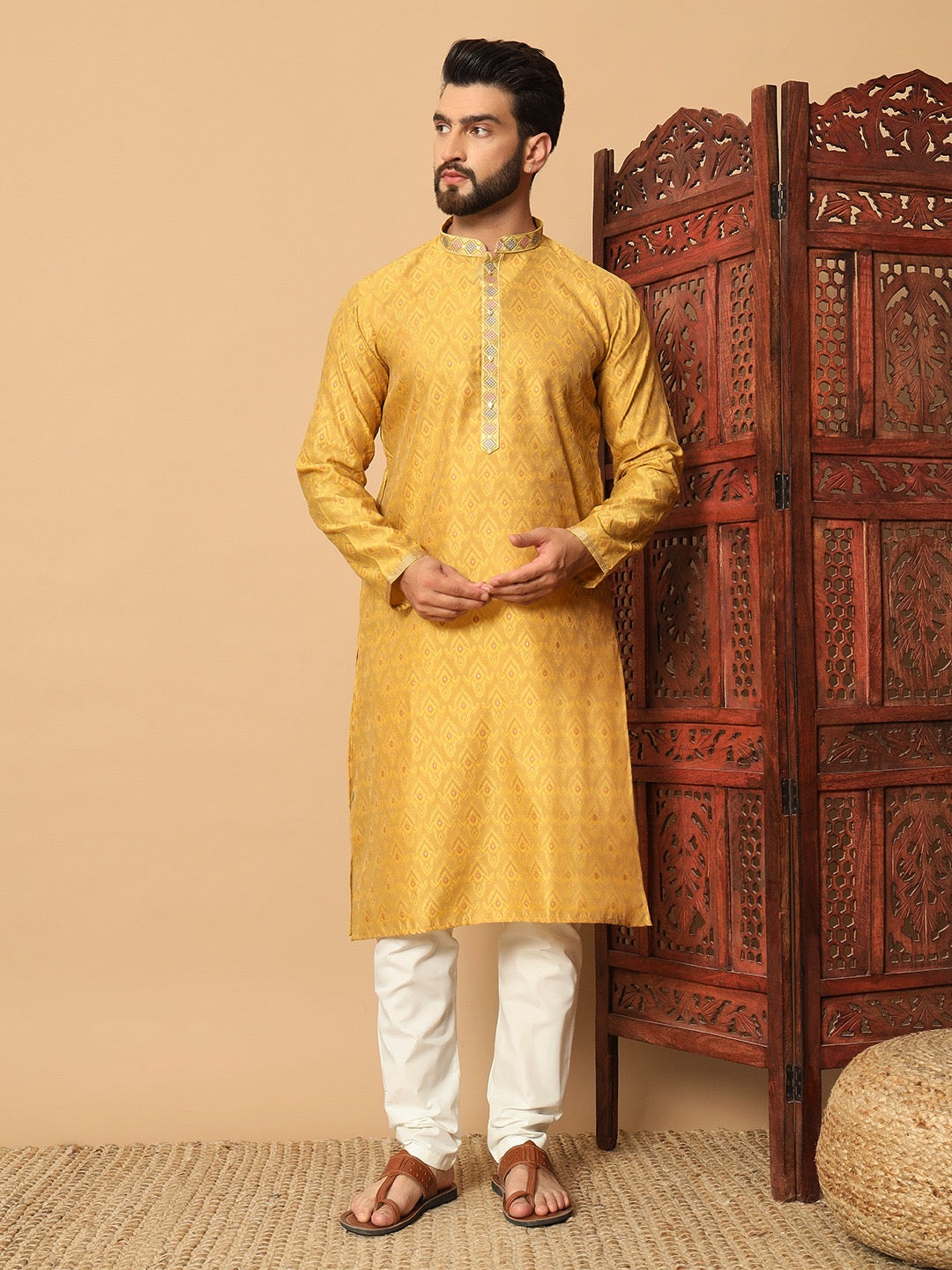 Yellow Jacquard Kurtas set with Sequins work