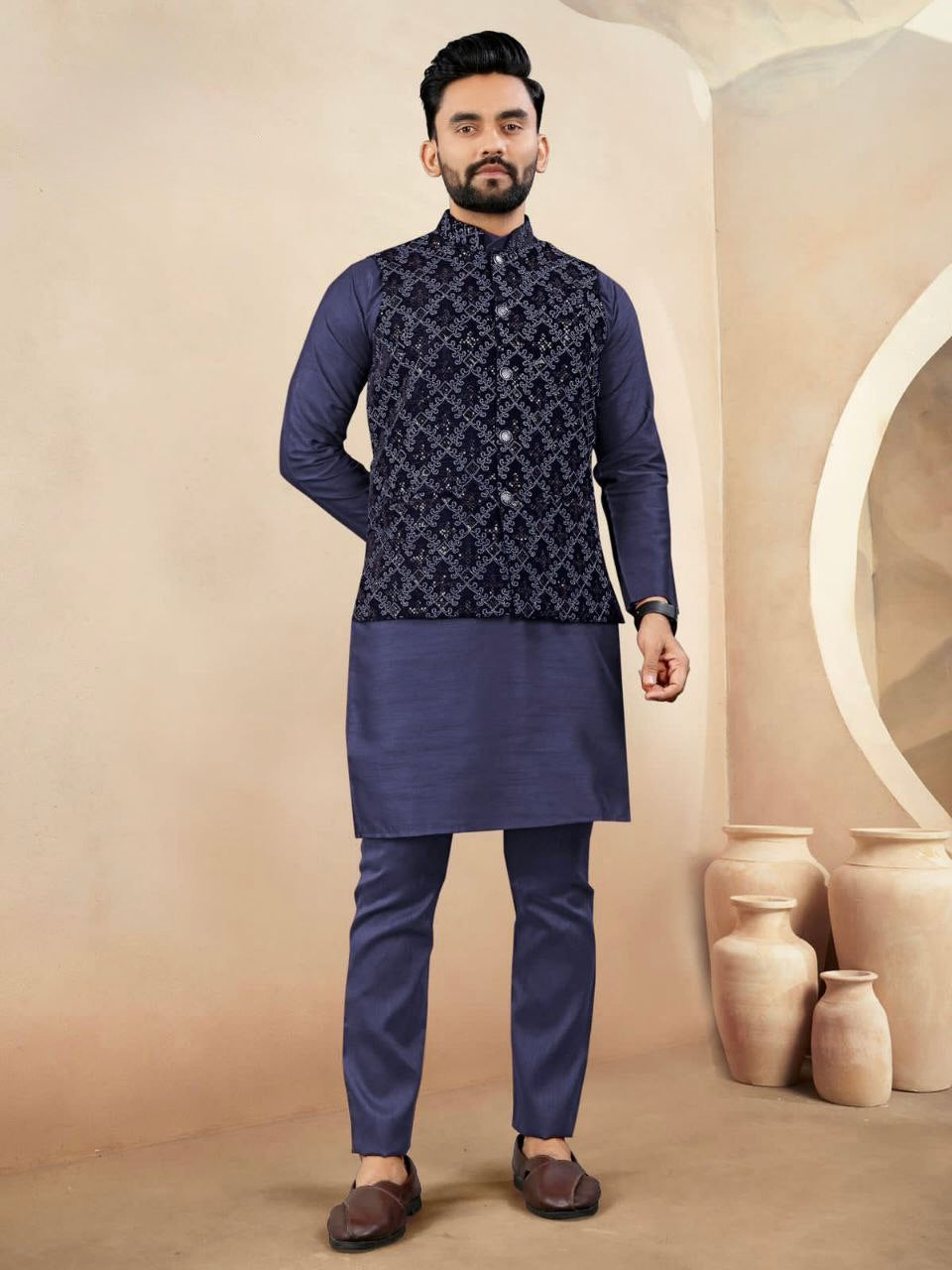 Men’s Velvet Embroidered Nehru Jacket Set