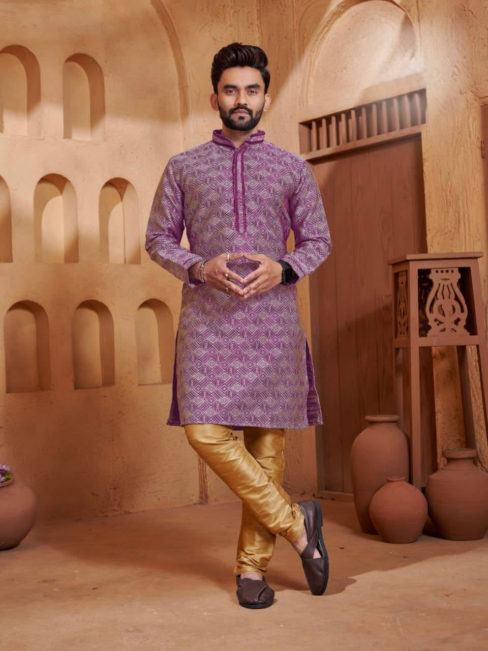 Men’s Jacquard Kurta Set with Silk Pajama