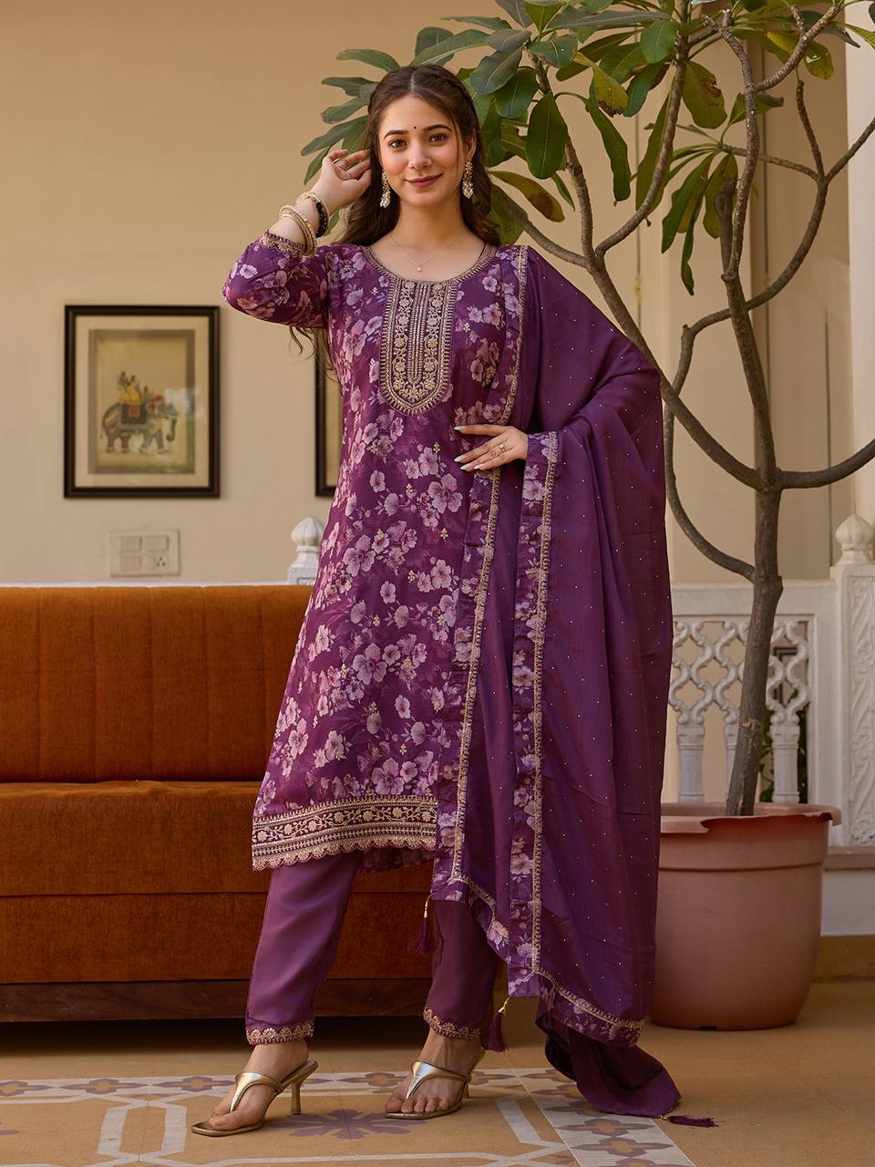 Floral Embroidered Chinon Suit Set with Sequins