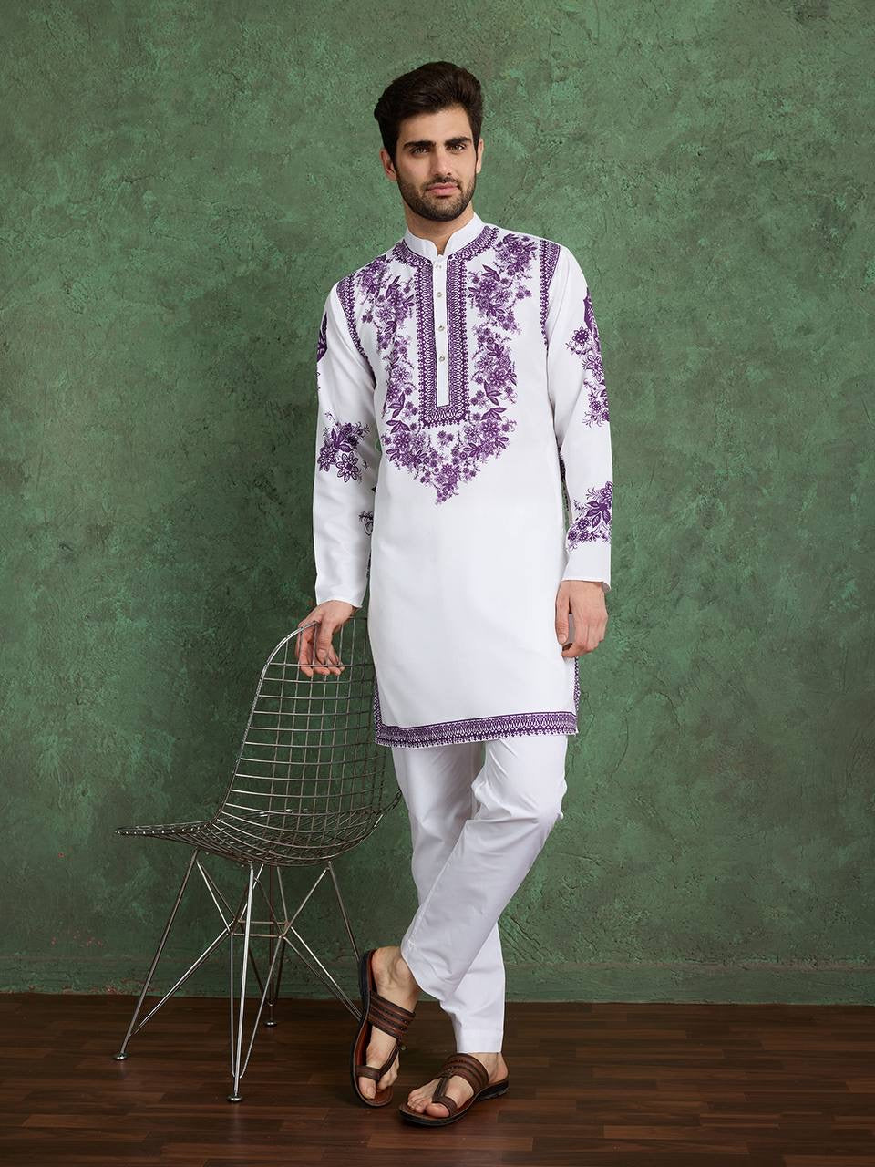Elegant White & Purple Embroidered Kurta for Men