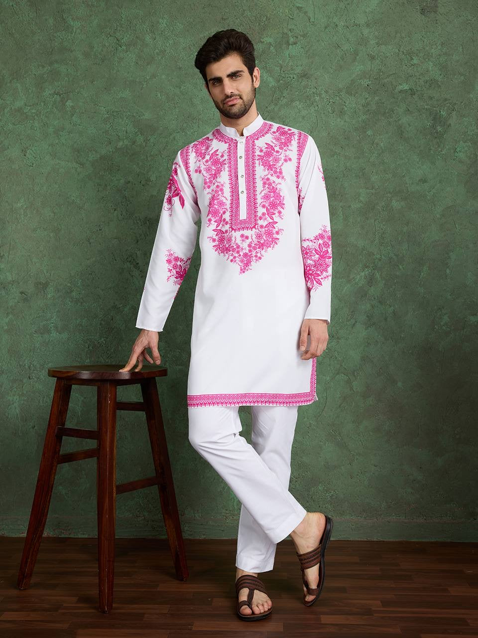 Elegant White & Pink Embroidered Kurta for Men