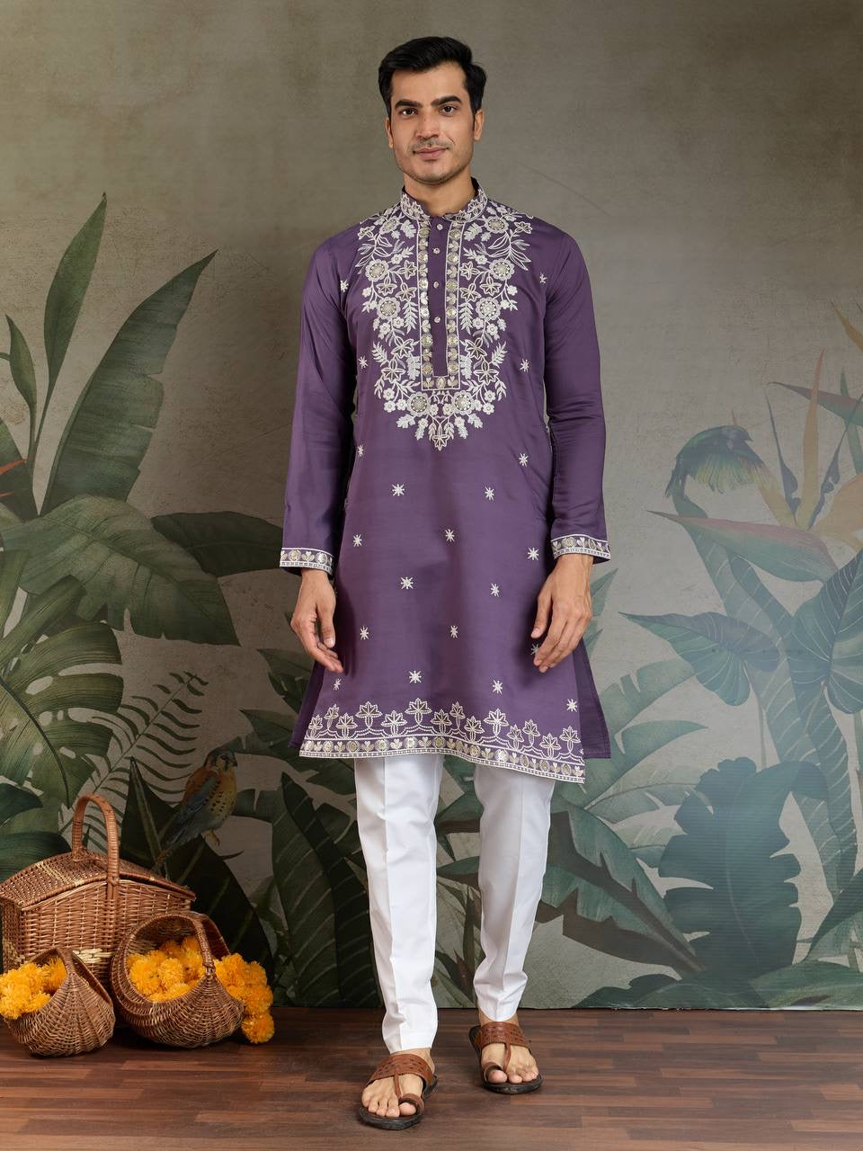 Pastel Purple Viscose Silk Embroidered Kurta for Men