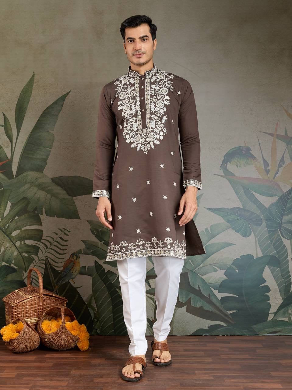 Pastel Brown Viscose Silk Embroidered Kurta for Men