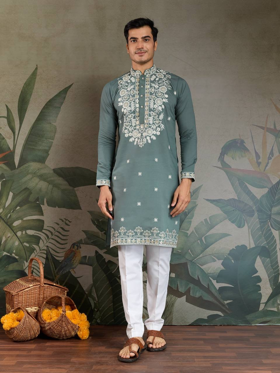 Pastel Viscose Silk Embroidered Kurta for Men