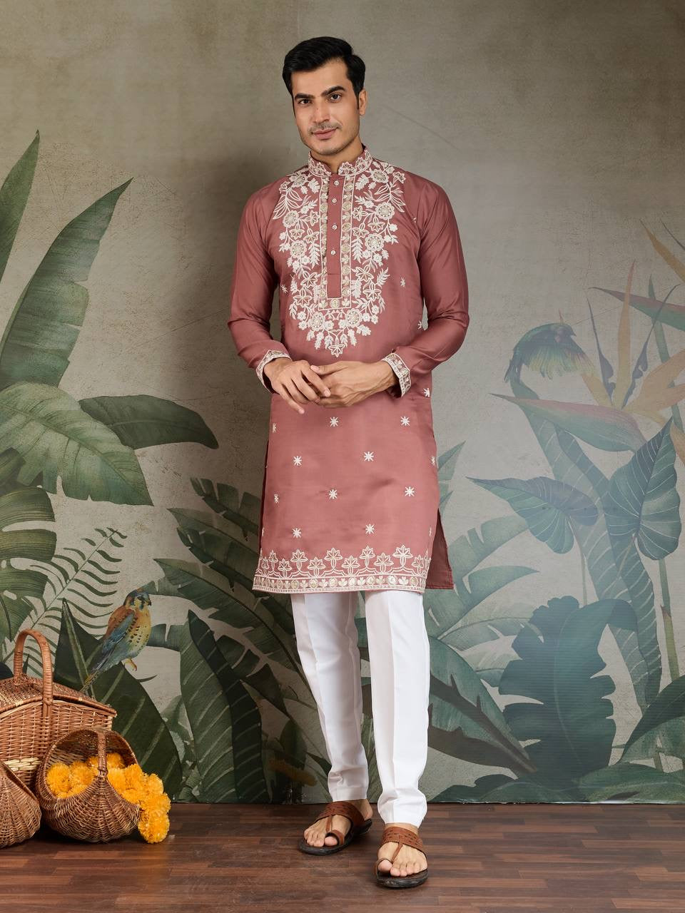 Pastel Dusty Rose Viscose Silk Embroidered Kurta for Men