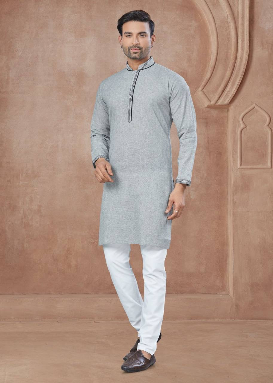 Ash Grey Men’s Straight Cut Cotton Kurta with Pants
