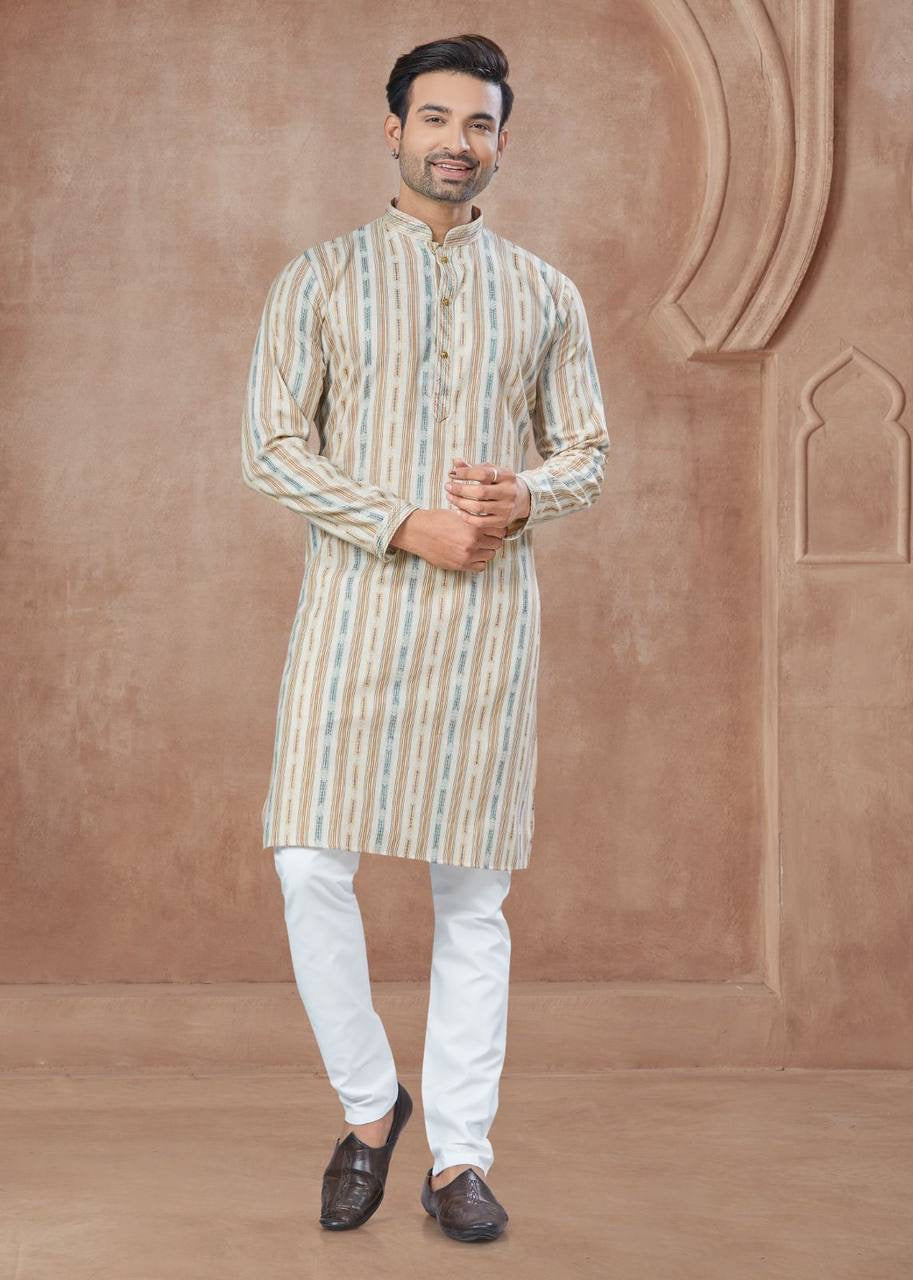 Light Beige Men’s Cotton Kurta with Pants