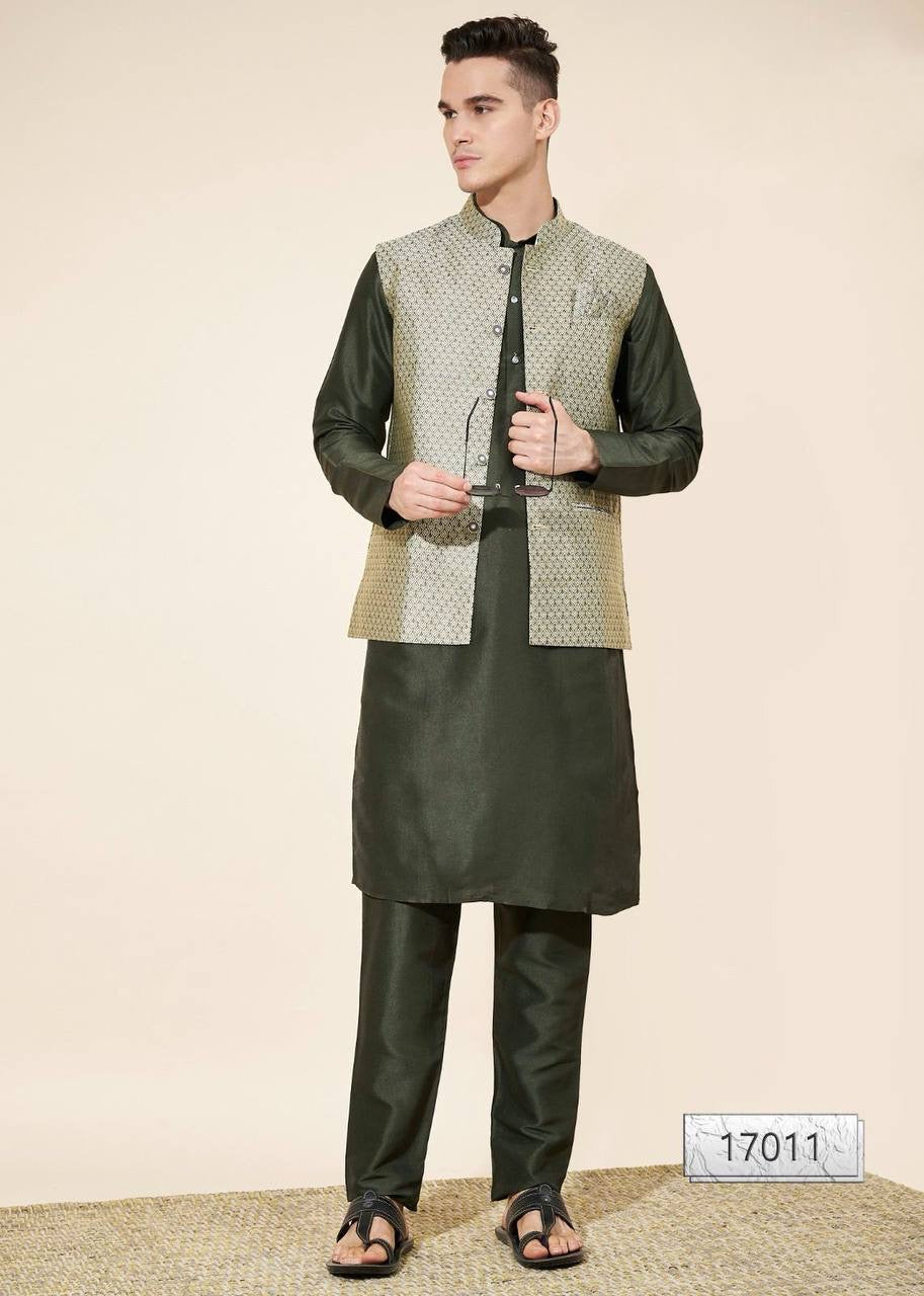 Deep Olive Kurta with Light Geometric Koti