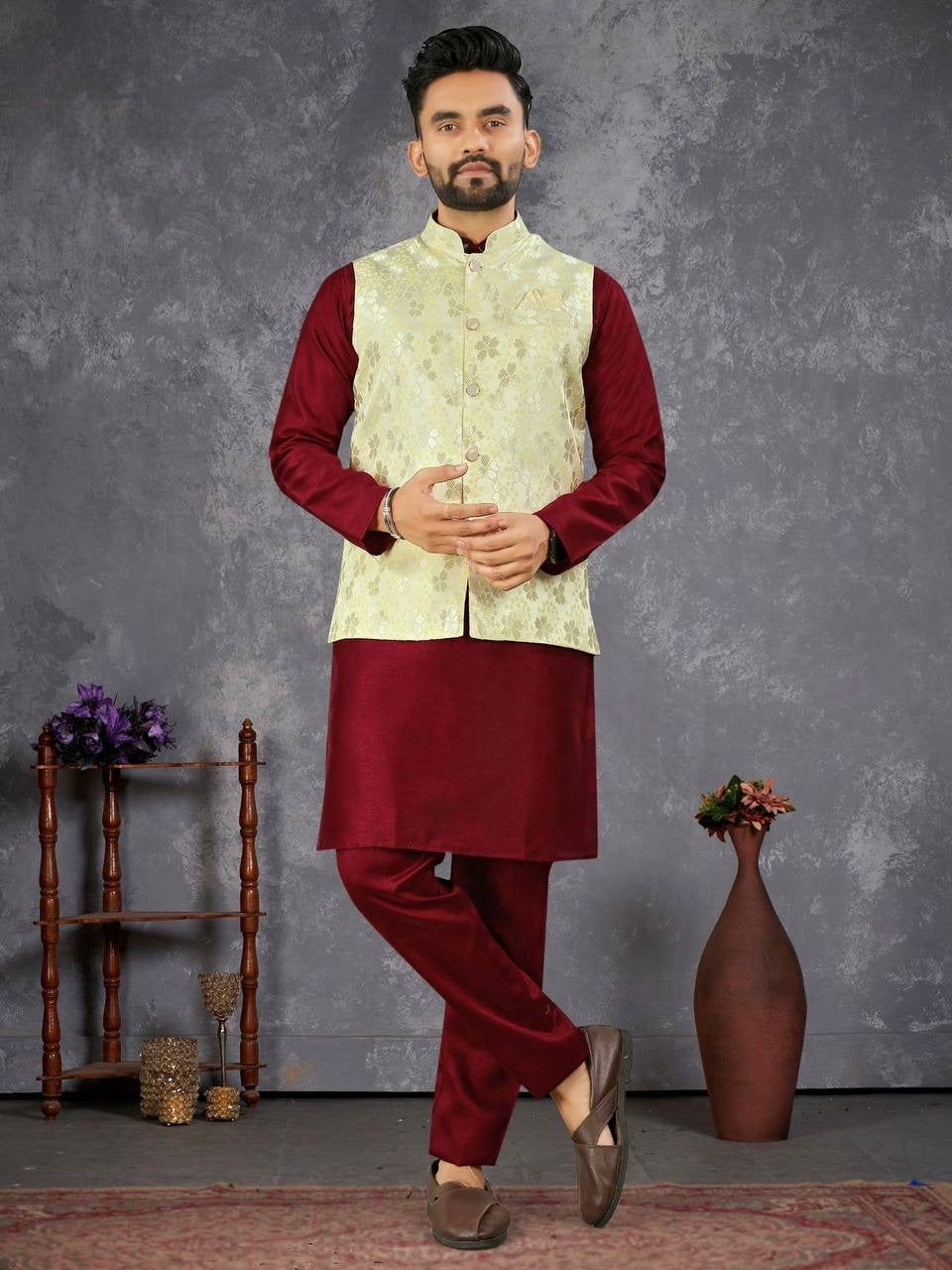 Men’s Maroon Kurta Set with Mint Green Jacket