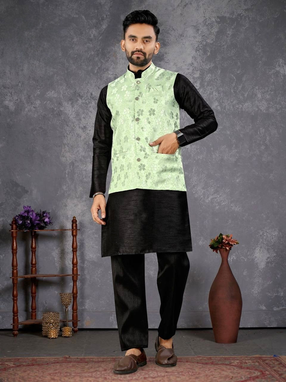 Men’s Black Kurta Set with Mint Green Jacket