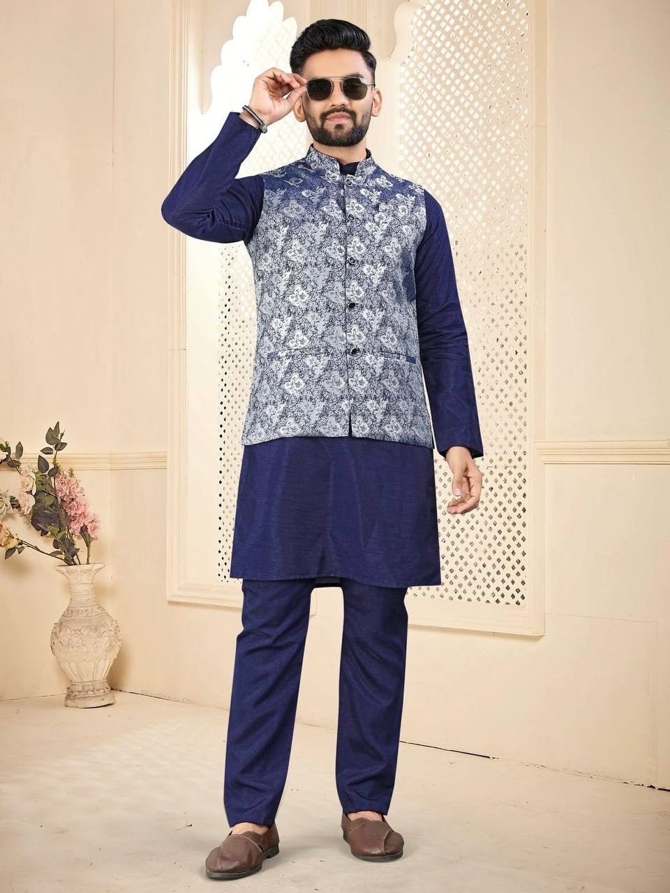 Men’s Blue Kurta Set with White Floral Jacket