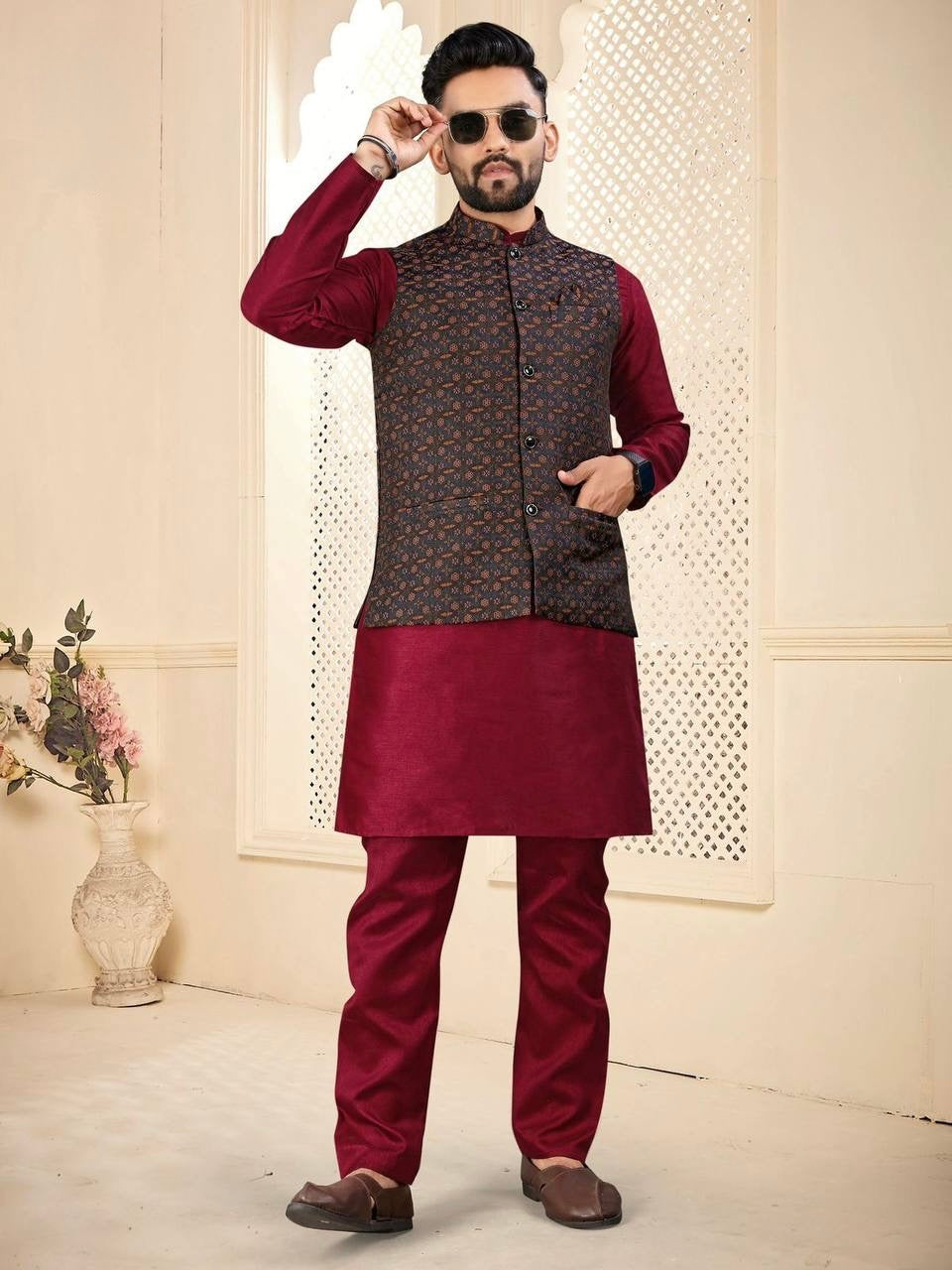 Men’s Wine Red Kurta Set with Embroidered Jacket