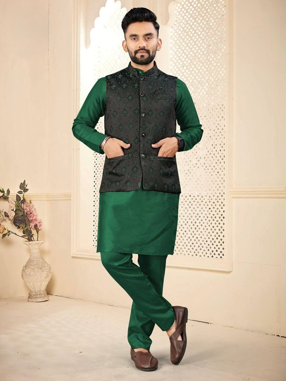 Men’s Green Kurta Set with Black Jacquard Jacket